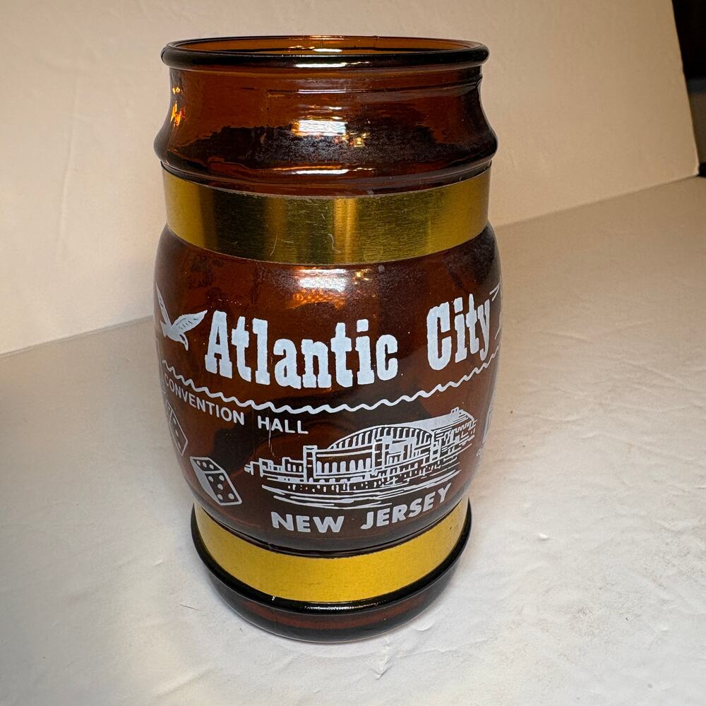Vintage Atlantic City New Jersey Souvenir Brown Glass Barrel Mug Wood * Read
